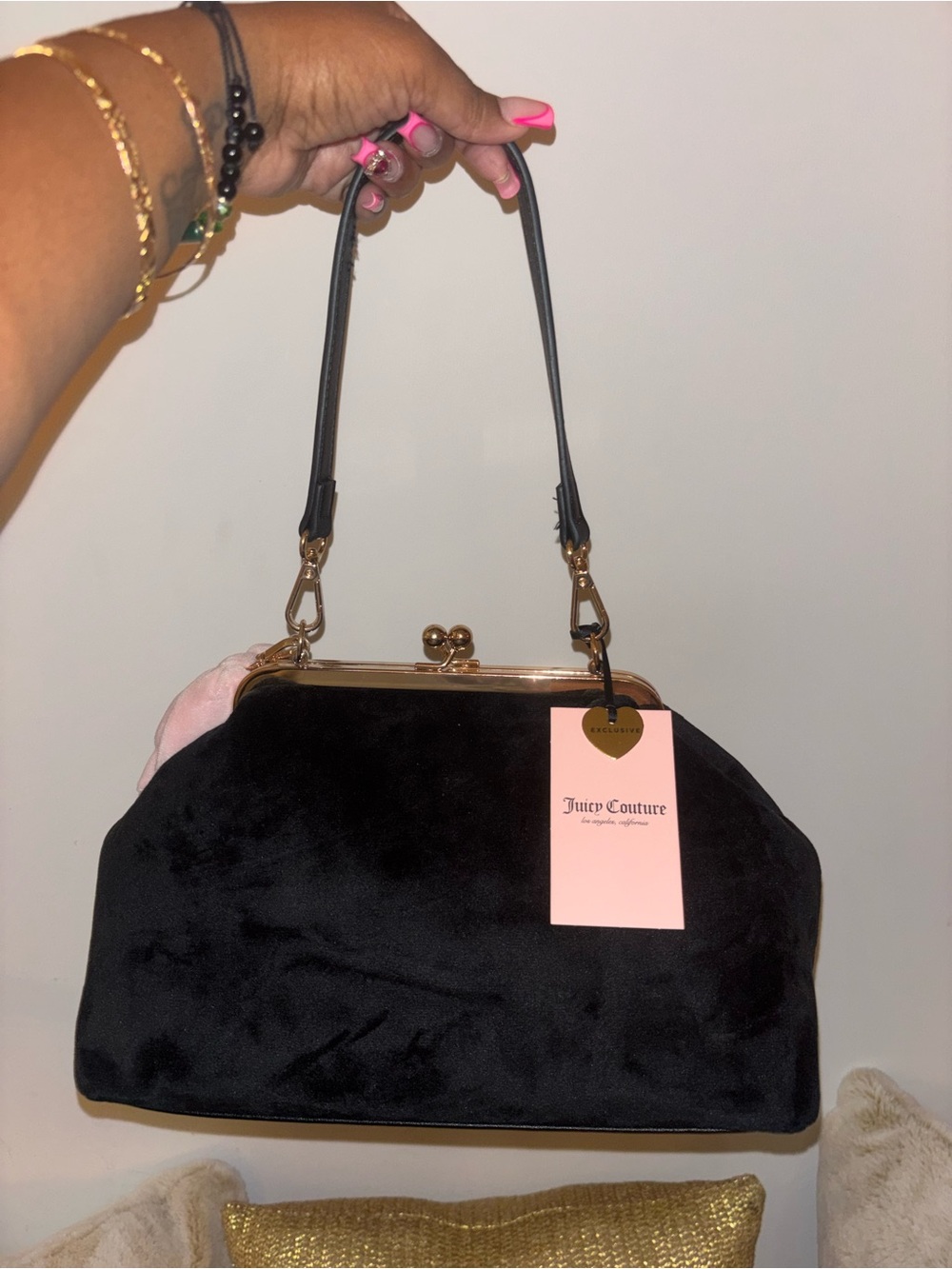 Juicy Couture Black Velvet Shoulder Bag with Pink Charm - Picture 5 of 7